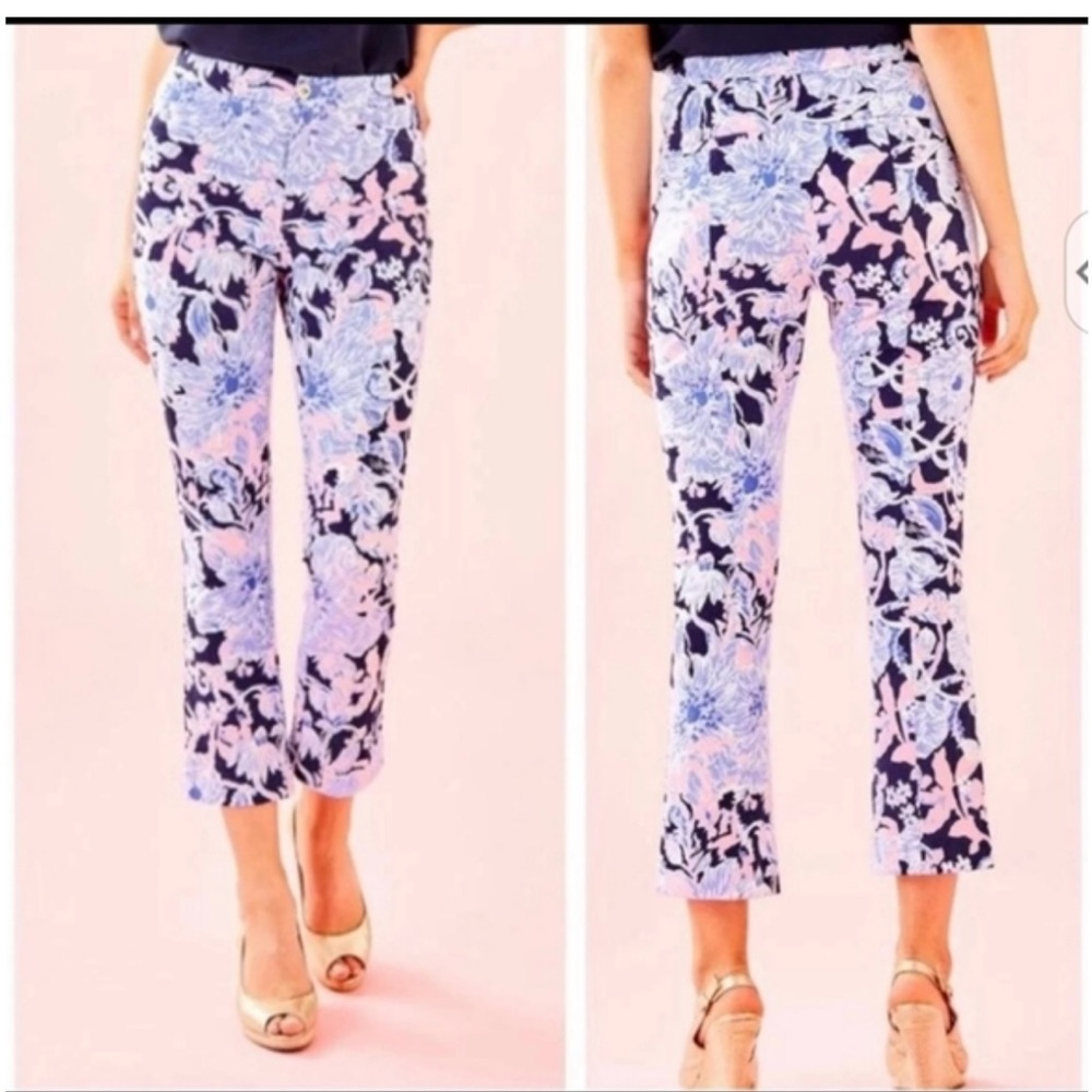 Lilly Pulitzer Kelly Blue and Pink Floral Cropped Flare Pants Size 4